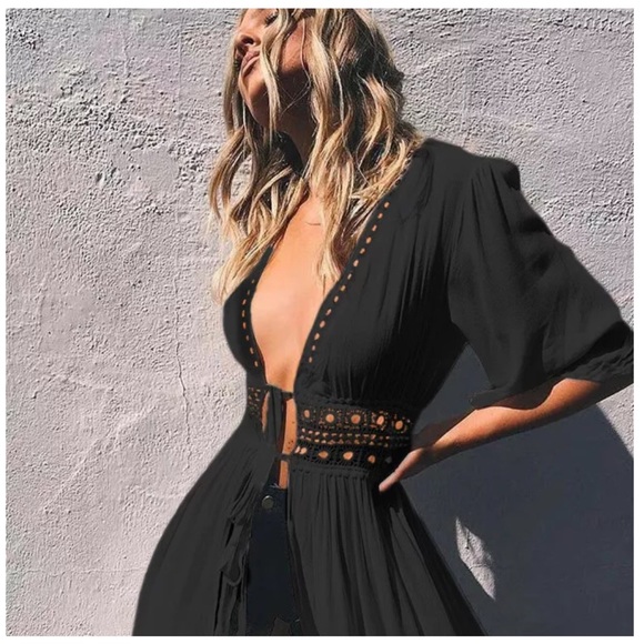 Black Eyelet Lace Detail Cardigan Vest Coverup - Picture 2 of 7